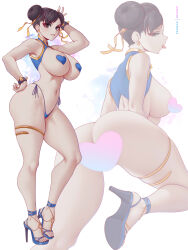 Rule 34 | 1girl, absurdres, artist name, ass, bikini, bracelet, breasts, brown eyes, brown hair, capcom, censored, chun-li, double bun, earrings, hair bun, heart, heart censor, heart pasties, high heels, highleg, highleg bikini, highres, jewelry, large breasts, looking at viewer, melowh, micro bikini, navel, pasties, patreon username, short hair, simple background, solo, spiked bracelet, spikes, stomach, street fighter, swimsuit, thick thighs, thighs, thong, tongue, tongue out, white background