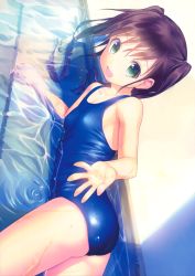 Rule 34 | 1girl, :d, absurdres, ass, blue one-piece swimsuit, breasts, collarbone, green eyes, highres, looking back, lying, new school swimsuit, on stomach, one-piece swimsuit, open mouth, original, partially submerged, school swimsuit, shiny clothes, small breasts, smile, solo, swimsuit, takoyaki (roast), twintails, water, wet