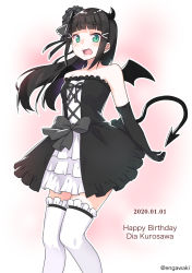 Rule 34 | 1girl, birthday, black dress, black flower, black gloves, black hair, black ribbon, black rose, breasts, character name, commentary request, dated, demon horns, demon tail, demon wings, dress, elbow gloves, embarrassed, engawa (rarenago), english text, flower, gloves, green eyes, hair flower, hair ornament, happy birthday, highres, horns, kurosawa dia, long hair, love live!, love live! sunshine!!, mole, mole under mouth, ribbon, rose, small breasts, solo, strapless, strapless dress, tail, thighhighs, twitter username, white thighhighs, wings, zettai ryouiki
