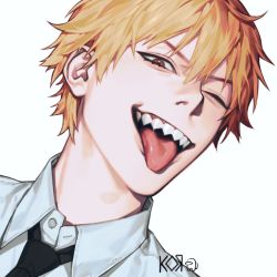 Rule 34 | 1boy, black necktie, blonde hair, brown eyes, chainsaw man, collared shirt, denji (chainsaw man), highres, koro dou, looking at viewer, necktie, one-eyed, open mouth, sharp teeth, shirt, short hair, simple background, solo, teeth, tongue, tongue out, white background, white shirt