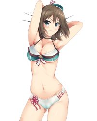 Rule 34 | 10s, 1girl, adapted costume, arms behind head, arms up, bad id, bad twitter id, bare shoulders, bikini, blue eyes, blush, breasts, brown hair, cleavage, female focus, grin, hair ornament, hairclip, hat, headgear, highres, kantai collection, large breasts, looking at viewer, maya (kancolle), maya kai ni (kancolle), navel, nksk, short hair, smile, solo, swimsuit, white background