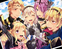 Rule 34 | 2boys, 3girls, blonde hair, book, brother and sister, brothers, camilla (fire emblem), closed eyes, corrin (female) (fire emblem), corrin (fire emblem), elise (fire emblem), fire emblem, fire emblem fates, gradient background, hair over one eye, hair ribbon, hairband, leo (fire emblem), long hair, multiple boys, multiple girls, nintendo, one eye closed, photo (object), purple eyes, purple hair, red eyes, ribbon, siblings, sisters, tobari (brokenxxx), xander (fire emblem)