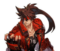 Rule 34 | 1boy, black gloves, brown eyes, brown hair, collarbone, cropped jacket, fingerless gloves, fingernails, forehead protector, gloves, guilty gear, guilty gear strive, headband, highres, hungry clicker, jacket, long hair, male focus, muscular, muscular male, open clothes, open jacket, pectorals, ponytail, portrait, red headband, red jacket, sleeves pushed up, sol badguy, solo