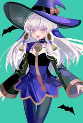 Rule 34 | 1girl, choker, dot nose, fire emblem, fire emblem: three houses, green background, hat, highres, large hat, long hair, long sleeves, looking at viewer, lysithea von ordelia, mixed-language commentary, nintendo, official alternate costume, open mouth, pink eyes, purple choker, ruuu ran ran, simple background, smile, solo, tassel, thigh gap, white hair