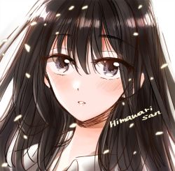 Rule 34 | 1girl, black hair, blush, character name, close-up, collared shirt, commentary request, copyright name, hair between eyes, himawari-san, himawari-san (character), long hair, looking at viewer, no eyewear, parted lips, portrait, purple eyes, shirt, simple background, sketch, solo, sugano manami, white background, white shirt