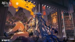 Rule 34 | 1girl, architecture, arknights, arm tattoo, artist request, black shorts, black skin, blue eyes, blue hair, braid, cloud, cloudy sky, coin, colored skin, company name, copyright name, dragon girl, dragon horns, dragon tail, east asian architecture, foot out of frame, full moon, highres, holed coin, horns, jacket, lantern, ling (arknights), long hair, looking up, moon, mountain, necktie, night, official art, orange sky, outdoors, paper lantern, shirt, shorts, sky, solo, tail, tattoo, thigh strap, tree, very long hair, watermark, white footwear, white jacket, white shirt, yellow necktie