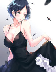 Rule 34 | 1girl, bare shoulders, black dress, blue hair, breasts, cleavage, collarbone, dress, earrings, frilled dress, frills, gradient background, grey background, hayami kanade, hayanami, highres, idolmaster, idolmaster cinderella girls, jewelry, looking to the side, medium breasts, petals, short hair, skirt hold, solo, spaghetti strap, yellow eyes