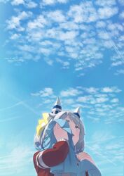 Rule 34 | 1girl, animal ears, cloud, contrapposto, dated, day, ear covers, green eyes, grey hair, hands up, hishi miracle (umamusume), holding, holding towel, horse ears, horse girl, jacket, long sleeves, looking up, open mouth, outdoors, red jacket, short hair, sky, solo, standing, sweat, takuzui, towel, towel around neck, tracen training uniform, track jacket, twitter username, umamusume, upper body, wiping sweat
