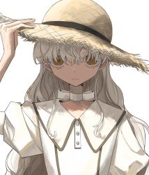 Rule 34 | 1girl, arm up, bow choker, choker, closed mouth, collared dress, colored eyelashes, dress, dripping eye, hair over eyes, hand on headwear, hat, highres, light frown, long hair, looking at viewer, o-three, original, puffy short sleeves, puffy sleeves, ringed eyes, sanpaku, short sleeves, sidelocks, simple background, solo, straight-on, straw hat, upper body, wavy hair, white background, white choker, white dress, white hair, yellow eyes