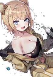 Rule 34 | 1girl, absurdres, ayaoshiro, blonde hair, blue eyes, breasts, cleavage, double bun, hair bun, highres, hololive, hololive english, holomyth, large breasts, looking at viewer, medium breasts, medium hair, open clothes, open mouth, smile, solo, transparent background, virtual youtuber, water, watson amelia