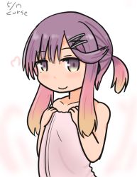 Rule 34 | 1girl, artist name, blush, curse (023), dated, gradient hair, hair ornament, hairpin, holding, kantai collection, mole, mole under eye, multicolored hair, naked towel, purple eyes, short hair, solo, towel, tsushima (kancolle)