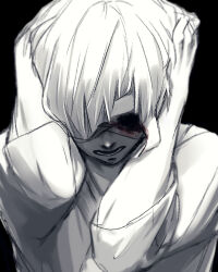 Rule 34 | 1boy, bandages, bandages over eyes, black background, greyscale, highres, kaneki ken, lower teeth only, monochrome, nia (user dttk2358), open mouth, short hair, simple background, solo, teeth, tokyo ghoul, tokyo ghoul:re, upper body