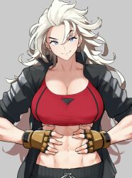 Rule 34 | 1girl, abs, anagumasan, black jacket, black pants, blue eyes, breasts, cleavage, closed mouth, collarbone, cowboy shot, crop top, double dragon, fingerless gloves, gloves, hair between eyes, hands on own stomach, hands on stomach, highres, jacket, kunio-kun series, large breasts, long hair, looking at viewer, marian kelly, midriff, muscular, muscular female, navel, open clothes, open jacket, pants, red sports bra, river city girls, simple background, sleeves rolled up, smile, solo, sports bra, standing, white hair
