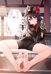 Rule 34 | 1girl, bare legs, barefoot, black hat, black nails, black shirt, boo tao (genshin impact), bright pupils, brown hair, clothes lift, crotch seam, dot nose, feet, flower, flower-shaped pupils, foot focus, genshin impact, hat, highres, holding, holding shoes, hu tao (genshin impact), indoors, jewelry, kou futoshi, long hair, long sleeves, looking at viewer, nail polish, parted lips, plum blossoms, porkpie hat, red eyes, ring, shirt, shoes, short shorts, shorts, sitting, socks, solo, steam, symbol-shaped pupils, toenail polish, toenails, toes, unworn shoes, unworn socks, white pupils, white socks