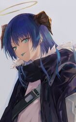 Rule 34 | 1girl, arknights, black jacket, blue eyes, blue hair, blue tongue, closed mouth, colored tongue, fur collar, grey background, halo, highres, horns, jacket, konota ko, looking at viewer, mostima (arknights), shirt, simple background, smile, solo, tongue, tongue out, upper body, white shirt