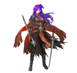 Rule 34 | 1girl, armor, armored boots, belt, boots, breastplate, breasts, cape, closed mouth, commentary request, female focus, fire emblem, fire emblem: three houses, fire emblem heroes, fire emblem warriors: three hopes, full body, gauntlets, hair over one eye, highres, holding, holding weapon, long hair, looking at viewer, matching hair/eyes, medium breasts, multiple belts, nintendo, noy, official art, pelvic curtain, purple eyes, purple hair, reverse grip, shez (female) (fire emblem), shez (fire emblem), simple background, smile, solo, standing, sword, weapon, white background