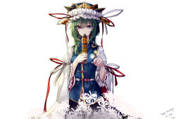 Rule 34 | 1girl, arm up, blue eyes, covering own mouth, green hair, hat, hat ribbon, hug (artist), hug (yourhug), long sleeves, looking at viewer, ribbon, rod of remorse, shiki eiki, shirt, simple background, skirt, smile, solo, touhou, vest, white background, wide sleeves