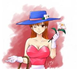 Rule 34 | 1girl, aqua elf, breasts, brown eyes, brown hair, cleavage, daisy (dq), dragon quest, dragon quest yuusha abel densetsu, dress, flower, huge breasts, long hair, looking at viewer, simple background, solo