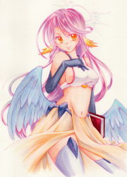 Rule 34 | 10s, 1girl, angel wings, breasts, spiked halo, corrupted metadata, feathered wings, gloves, halo, jibril (no game no life), long hair, looking at viewer, low wings, magic circle, marker (medium), midriff, minakami atsumu, navel, no game no life, pink hair, smile, solo, thighhighs, traditional media, very long hair, white wings, wings, yellow eyes