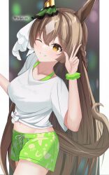 Rule 34 | 1girl, absurdres, animal ears, animal print, blurry, blurry background, blush, border, braid, brown eyes, brown hair, closed mouth, commentary request, cowboy shot, ear ornament, fish print, french braid, gaze on me! outfit (umamusume), green shorts, grin, hair between eyes, highres, horse ears, horse girl, horse tail, lryutanl, midriff, multicolored hair, navel, one eye closed, satono diamond (umamusume), scrunchie, shirt, shorts, smile, solo, stage, standing, streaked hair, tail, tied shirt, umamusume, w, white border, white hair, wrist scrunchie