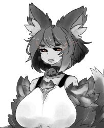 Rule 34 | 1girl, alternate hair length, alternate hairstyle, animal ear fluff, animal ears, animal hands, bare shoulders, black bra, black sclera, blush, bra, bra strap, breasts, colored sclera, commentary request, detached collar, heavy breathing, hellhound (monster girl encyclopedia), highres, huge breasts, latenight, looking at viewer, monster girl, monster girl encyclopedia, monster girl encyclopedia ii, open mouth, red eyes, short hair, simple background, skull, solo, spot color, sweat, tail, underwear, upper body, white background, wolf ears, wolf tail