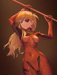 Rule 34 | 1girl, absurdres, arms up, blue eyes, brown hair, covered navel, cowboy shot, evangelion: 3.0 you can (not) redo, eyepatch, gluteal fold, highres, interface headset, laza (0ldsong), long hair, looking at viewer, neon genesis evangelion, plugsuit, polearm, rebuild of evangelion, solo, souryuu asuka langley, weapon