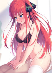 Rule 34 | 1boy, 1girl, :q, bare shoulders, black bra, black hair, blue eyes, blush, bra, breasts, butterfly hair ornament, cleavage, collarbone, cowgirl position, cum, cum in pussy, eyelashes, girl on top, go-toubun no hanayome, hair ornament, hair ribbon, hetero, highres, kagami (galgamesion), large breasts, licking lips, long hair, nail polish, nakano nino, red hair, resolution mismatch, ribbon, sex, source larger, straddling, sweat, thighhighs, tongue, tongue out, two side up, underwear, vaginal, white thighhighs