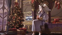 Rule 34 | 1girl, barefoot, bed, blush, box, christmas, christmas tree, commission, cup, gift, gift box, grey hair, head wings, long hair, melia antiqua, mug, photo (object), robe, rv (gvdn7245), sitting, smile, snowing, solo, window, wings, xenoblade chronicles (series), xenoblade chronicles 1, xenoblade chronicles 3