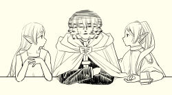 Rule 34 | 1boy, 2girls, afterimage, capelet, cloak, crossed arms, dual persona, elbows on table, elf, frieren, greyscale, hair over shoulder, hands up, himmel (sousou no frieren), hood, hood down, hooded cloak, long hair, long sleeves, looking at another, looking to the side, monochrome, multiple girls, own hands together, parody, photo-referenced, pointy ears, profile, short hair, simple background, sleeveless, sousou no frieren, spinning head, the weaker sex 1 (gibson), time paradox, tsukanoma00, twintails, upper body