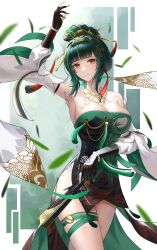 Rule 34 | 1girl, absurdres, arm up, armpits, black gloves, breasts, chinese clothes, cleavage, detached sleeves, dress, frozen-sad, gem, gloves, green eyes, green gemstone, green hair, hair bun, hair ornament, hair stick, hand fan, hanying (punishing: gray raven), highres, jewelry, large breasts, leaf, looking at viewer, necklace, partially fingerless gloves, punishing: gray raven, sidelocks, smile, solo, strapless, strapless dress, tassel, thigh strap, thighs, yellow eyes