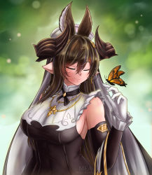 Rule 34 | 1girl, absurdres, animal ears, artist name, black dress, blue hair, blurry, blurry background, breast curtain, breasts, brown hair, bug, butterfly, butterfly on hand, closed eyes, closed mouth, crossed bangs, detached sleeves, dress, earrings, extra ears, galleon (granblue fantasy), gloves, granblue fantasy, hand up, highres, horns, insect, jewelry, large breasts, mea (manami030), multicolored hair, necklace, pointy ears, smile, streaked hair, upper body, veil, white gloves