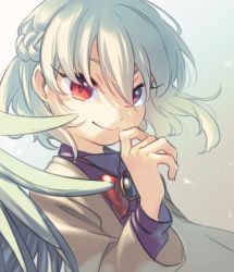 Rule 34 | 1girl, beige jacket, bow, bowtie, braid, brooch, closed mouth, crown braid, feathered wings, grey background, grey hair, grey wings, hand up, jewelry, kishin sagume, long sleeves, purple shirt, red bow, red bowtie, red eyes, shirt, short hair, single wing, smile, solo, touhou, ukata, upper body, wind, wings