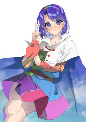Rule 34 | 1girl, absurdres, blue eyes, blue hair, blush, cape, closed mouth, dress, hairband, highres, index finger raised, long sleeves, looking at viewer, multicolored clothes, multicolored hairband, ohiru 0324, short hair, simple background, sky print, smile, solo, tenkyuu chimata, touhou, white background, white cape