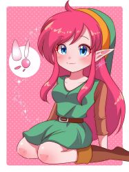 Rule 34 | 1girl, ahoge, belt, blue eyes, blush, boots, border, breasts, brown belt, brown footwear, brown sleeves, collarbone, commentary, dot nose, elf, english commentary, fairy, genderswap, genderswap (mtf), green hat, green tunic, hat, highres, knee boots, knees, link (shounen captain), long bangs, long hair, long sleeves, looking at viewer, medium breasts, nintendo, nonoworks, parted bangs, pink hair, pointy ears, polka dot, polka dot background, shiny skin, sidelocks, signature, sitting, smile, solo, sparkle, the legend of zelda, the legend of zelda (nes), very long hair, wariza, watermark, white border
