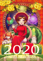 Rule 34 | 1girl, :d, animal ears, artist name, blak at, branch, brown hair, cheese print, coin, commentary, dress, eating, english commentary, fireworks, flower, food, fruit, gold coin, hand on own thigh, hand up, happy new year, hat, headdress, highres, hongbao, knees together feet apart, lantern, leaf, light blush, long sleeves, motion lines, mouse (animal), mouse ears, mouse girl, mouse print, mouse tail, new year, night, night sky, open hand, open mouth, original, pants, parted bangs, red dress, red eyes, red headwear, red tassel, rice hat, rope necklace, round window, short hair, sidelocks, sitting on food, sky, smile, tail, tassel, teeth, vietnamese dress, watermelon, waving, white pants, window, yellow flower