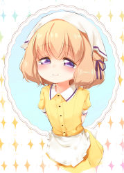 Rule 34 | 1girl, apron, arms behind back, blend s, blush, closed mouth, collared shirt, commentary request, dress shirt, frilled apron, frills, hair between eyes, hair ribbon, head scarf, highres, hoshikawa mafuyu, light brown hair, looking at viewer, pedocchi, puffy short sleeves, puffy sleeves, purple eyes, purple ribbon, ribbon, shirt, short sleeves, skirt, smile, solo, sparkle, stile uniform, uniform, waist apron, waitress, white apron, yellow shirt, yellow skirt