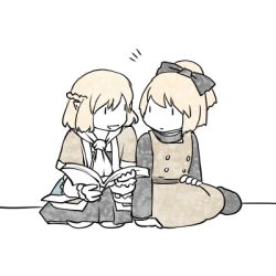 Rule 34 | 2girls, arm warmers, bad id, bad pixiv id, black footwear, blonde hair, book, bow, braid, brown dress, dress, french braid, hair bow, hand on own hip, holding, holding book, kurodani yamame, long sleeves, looking at another, lowres, mizuhashi parsee, multiple girls, pointy ears, ponytail, sabakan (iizuka48), scarf, seiza, shoes, short sleeves, side-by-side, simple background, sitting, skirt, smile, talking, touhou, turtleneck, white background, yokozuwari