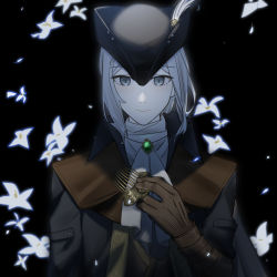 Rule 34 | 1girl, ascot, black background, bloodborne, brooch, cape, closed mouth, coat, comb, flower, gem, gloves, grey eyes, hat, hat feather, highres, holding, holding comb, jewelry, lady maria of the astral clocktower, long hair, looking at viewer, solo, the old hunters, tokyo bay seal, tricorne, white flower, white hair