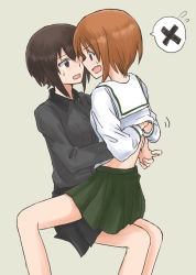 Rule 34 | 2girls, black skirt, blush, brown eyes, brown hair, comic, cowboy shot, dress shirt, flying sweatdrops, frown, girls und panzer, grey background, grey shirt, hands on another&#039;s back, hug, incest, insignia, invisible chair, kuromorimine school uniform, long sleeves, looking at another, miniskirt, motion lines, multiple girls, mutsu (layergreen), nishizumi maho, nishizumi miho, on lap, open mouth, pleated skirt, school uniform, shirt, short hair, siblings, silent comic, simple background, sisters, sitting, skirt, spoken x, straddling, yuri