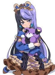Rule 34 | 1girl, bear ear hairband, black hair, blue dress, blue hair, carron (waccha primagi!), closed mouth, commentary request, dolldolldd, dress, frilled dress, frills, full body, highres, holding, holding stuffed toy, korean commentary, long hair, long sleeves, looking at viewer, multicolored hair, pretty series, purple eyes, purple hair, simple background, sitting, smile, solo, stuffed animal, stuffed toy, teddy bear, very long hair, waccha primagi!, white background