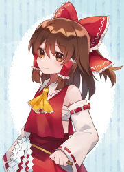 Rule 34 | 1girl, arm at side, ascot, bare shoulders, blue background, bow, breasts, brown eyes, brown hair, chest sarashi, closed mouth, commentary request, cowboy shot, detached sleeves, eyes visible through hair, frilled bow, frilled hair tubes, frills, gohei, grey background, hair between eyes, hair bow, hair tubes, hakurei reimu, highres, holding, holding stick, light blush, light smile, long hair, long sleeves, momiji shiori, red bow, red skirt, red vest, ribbon-trimmed sleeves, ribbon trim, sarashi, simple background, skirt, skirt set, sleeves past wrists, small breasts, solo, stick, touhou, vest, wing collar, yellow ascot