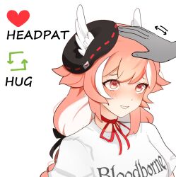 1girl beret bloodborne blush braid choker clothes_writing english_text feathered_wings hat head_wings headpat heart heart-shaped_pupils highres indie_virtual_youtuber like_and_retweet multicolored_hair pillowdear pillowdear_(artist) pink_eyes pink_hair red_ribbon ribbon ribbon_choker shirt simple_background smile solo symbol-shaped_pupils t-shirt twin_braids two-tone_hair virtual_youtuber white_background white_shirt wings