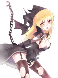 Rule 34 | 1girl, bad id, bad pixiv id, bat wings, blonde hair, blush, breasts, breath, brown thighhighs, chain, cleavage, demon girl, dress, elbow gloves, garter straps, gloves, hat, leaning forward, long hair, mabinogi, medium breasts, orange eyes, see-through, simple background, solo, succubus (mabinogi), thighhighs, tongue, torn clothes, torn thighhighs, wings, yuran