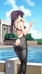 Rule 34 | 1girl, ass, ass cutout, black hair, black one-piece swimsuit, butt crack, clothing cutout, cloud, embarrassed, highres, jpeg artifacts, long hair, looking at viewer, one-piece swimsuit, outdoors, ponytail, pool, revealing clothes, sky, swimsuit