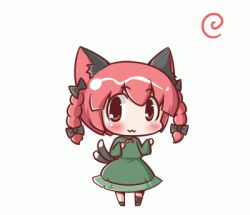 Rule 34 | 1girl, :3, animal ears, animated, animated gif, blush, braid, cat ears, cat girl, cat tail, chibi, dancing, female focus, kaenbyou rin, looking at viewer, looping animation, lowres, maitora, multiple tails, parody, red eyes, red hair, short hair, simple background, solo, tail, touhou, twin braids