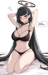 Rule 34 | 1girl, amai-pai, armpits, arms behind head, black bra, black hair, black halo, black panties, blue archive, blunt bangs, blush, bra, breasts, english text, fanbox username, halo, highres, large breasts, long hair, looking at viewer, panties, patreon username, red eyes, rio (blue archive), simple background, sitting, sleepy, solo, speech bubble, squeans, thighs, underwear, underwear only, wariza, white background