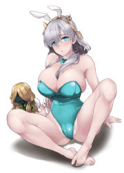 Rule 34 | 1girl, :o, alternate hairstyle, anastasia (fate), animal ears, bare legs, bare shoulders, barefoot, blue eyes, blush, bow, bowtie, breasts, cleavage, detached collar, doll, eyes visible through hair, fake animal ears, fate/grand order, fate (series), full body, green bow, green bowtie, grey hair, hair between breasts, hair over one eye, highleg, highleg leotard, knees up, large breasts, leotard, long hair, looking at viewer, playboy bunny, rabbit ears, shadow, sitting, soba (saz), solo, spread legs, strapless, strapless leotard, white background, wrist cuffs