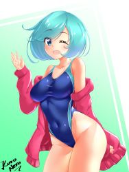 Rule 34 | 1girl, aqua hair, artist name, blue eyes, blue one-piece swimsuit, breasts, collarbone, commentary, commission, competition swimsuit, covered navel, cowboy shot, highleg, highleg swimsuit, highres, jacket, kuro neko 7, looking at viewer, medium breasts, one-piece swimsuit, original, red jacket, short hair, smile, solo, swimsuit