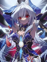 Rule 34 | 1girl, armpits, arms up, bare shoulders, black gloves, blue sleeves, detached collar, detached sleeves, earrings, gloves, high ponytail, highres, holding, holding sword, holding weapon, honkai: star rail, honkai (series), jewelry, jingliu (honkai: star rail), long hair, miaoneko, red eyes, red tassel, single earring, smile, solo, sword, sword behind back, weapon, white hair