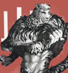 Rule 34 | 1boy, abs, animal ears, arknights, bara, black gloves, black tank top, bounsies, chain necklace, chest hair, fingerless gloves, furry, furry male, gloves, highres, jewelry, looking to the side, male focus, midriff, mountain (arknights), muscular, muscular male, navel, navel hair, necklace, revision, scar, scar across eye, scar on face, short hair, simple background, solo, tail, tank top, tiger boy, tiger ears, tiger stripes, tiger tail, two-tone fur, undressing, upper body, white fur, white hair